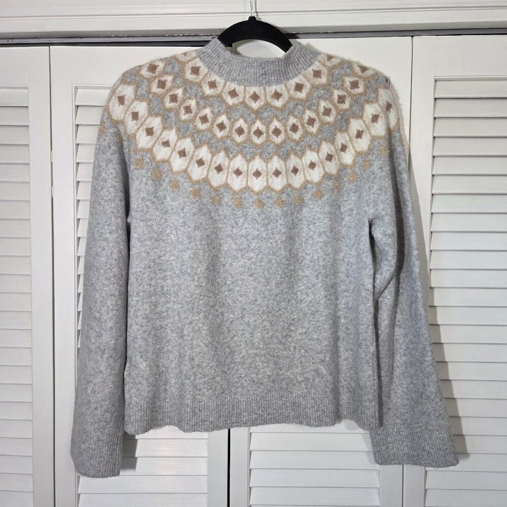 J. Crew Gray Gold Cream Patterned Sweater Sz M